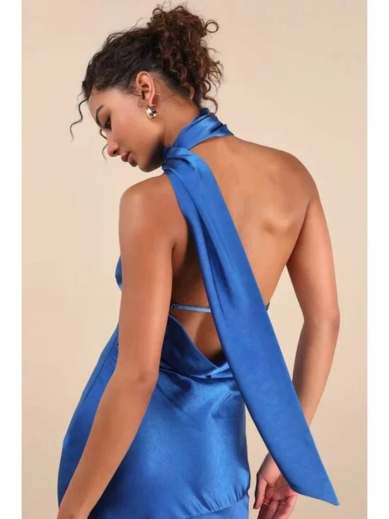 Lulus Womens Reglan Sash Midi Dress Sz Medium Blue Satin One Shoulder Low Back - Picture 5 of 8